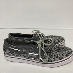 Sperry Top Slider Bahama shoes Girls Gray Leopard canvas lace up size 4